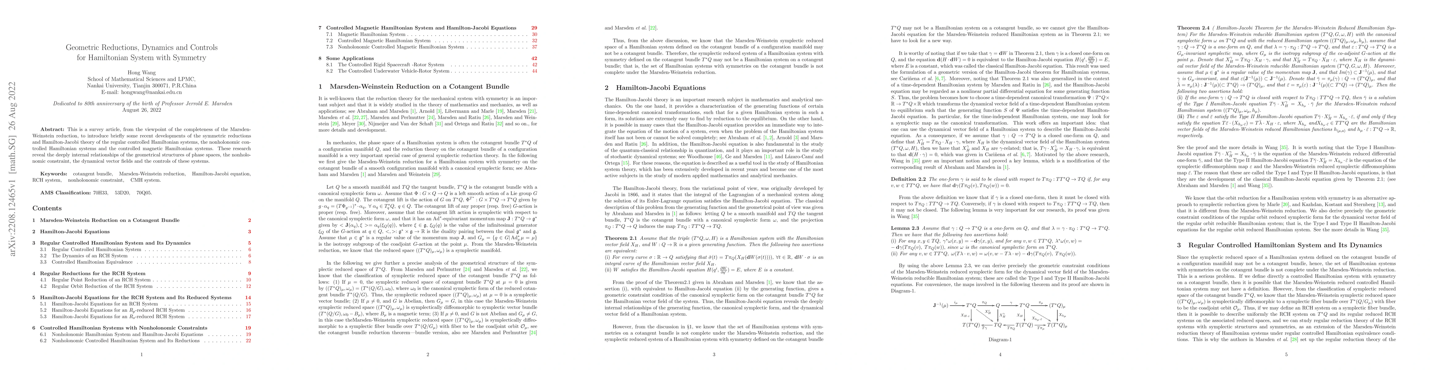 Thumbnail for Geometric Reductions, Dynamics and Controls for Hamiltonian System with
  Symmetry