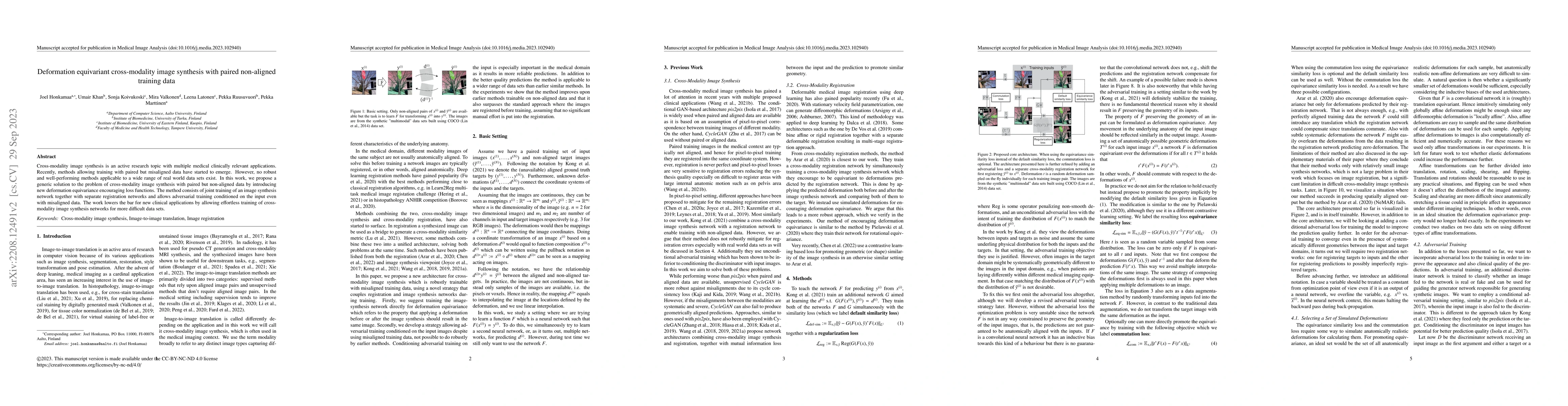 Thumbnail for Deformation equivariant cross-modality image synthesis with paired
  non-aligned training data