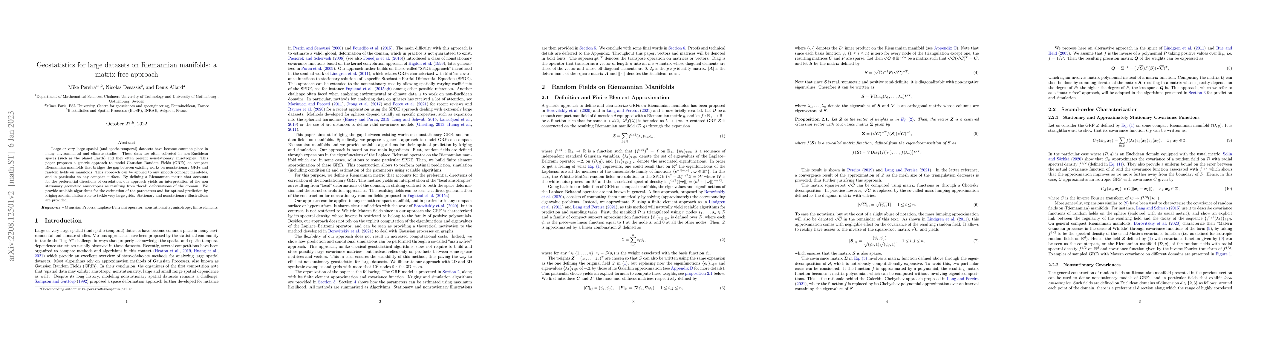 Thumbnail for Geostatistics for large datasets on Riemannian manifolds: a matrix-free
  approach
