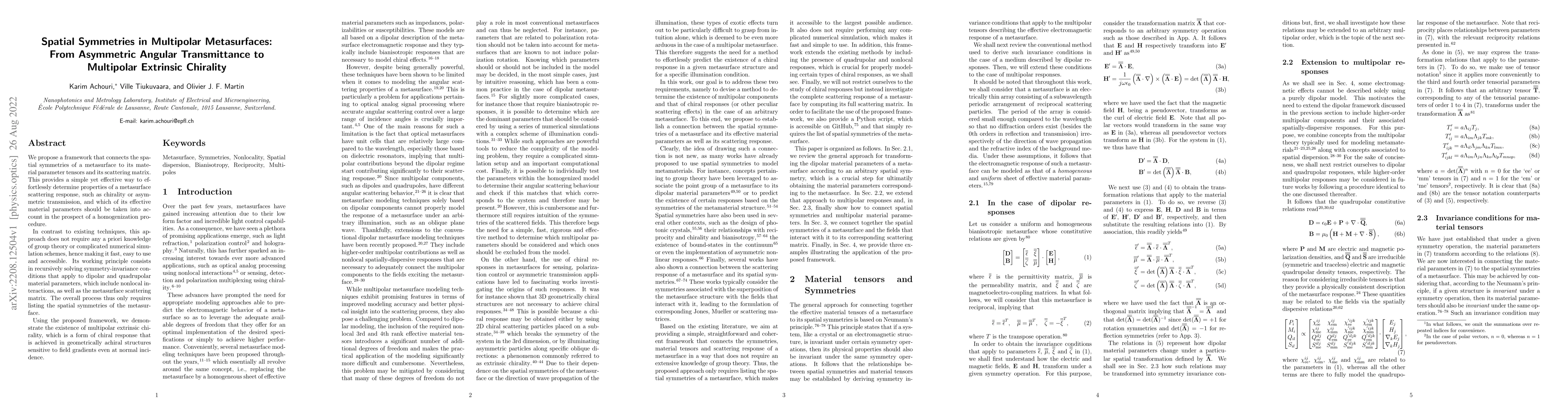 Thumbnail for Spatial Symmetries in Multipolar Metasurfaces: From Asymmetric Angular
  Transmittance to Multipolar Extrinsic Chirality