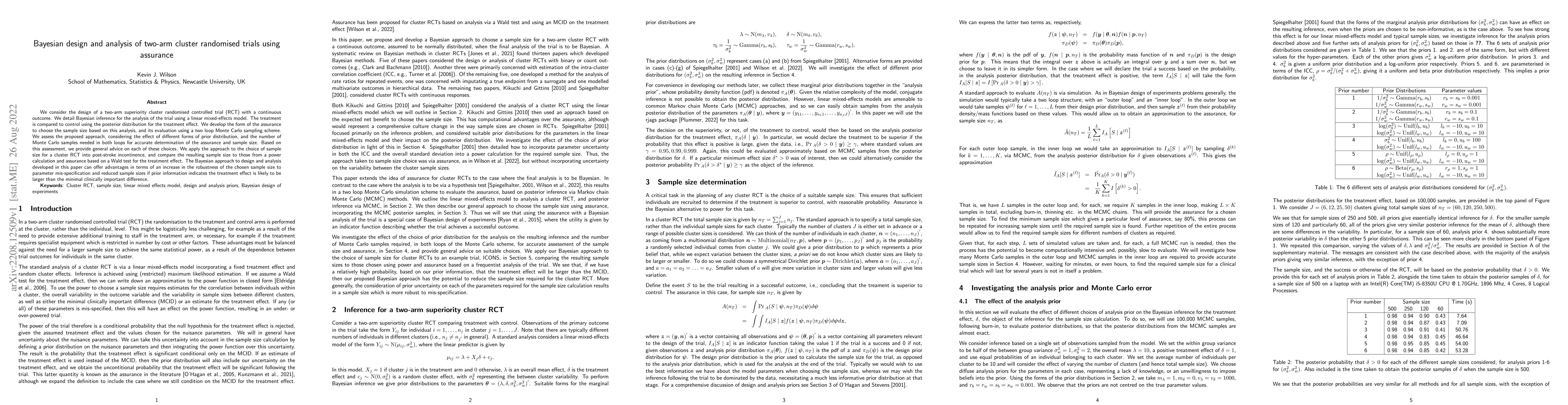 Thumbnail for Bayesian design and analysis of two-arm cluster randomised trials using
  assurance