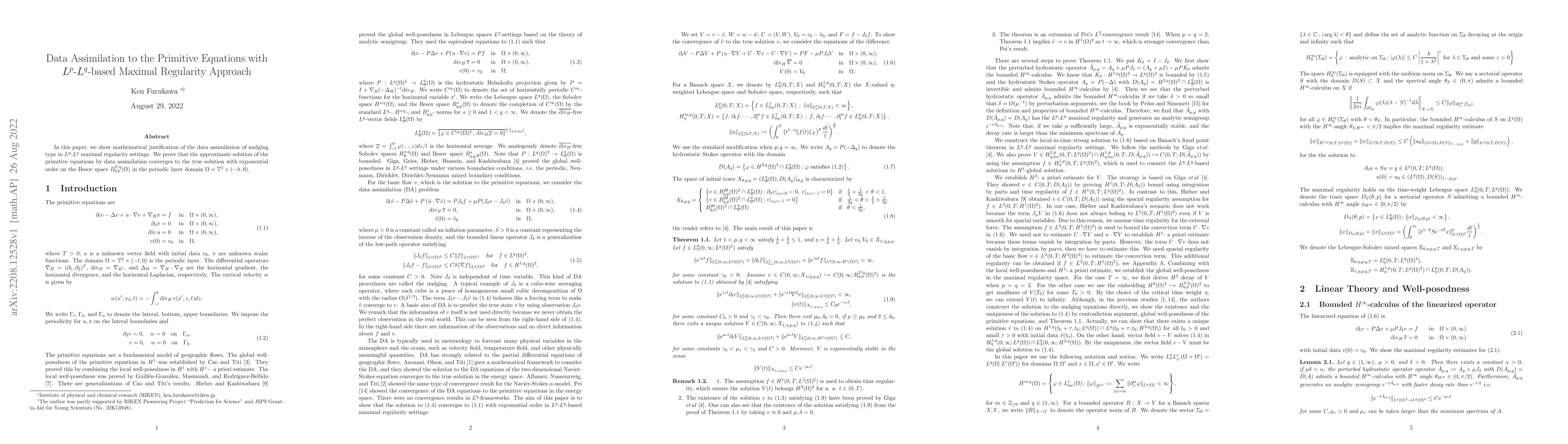 Thumbnail for Data Assimilation to the Primitive Equations with $L^p$-$L^q$-based
  Maximal Regularity Approach