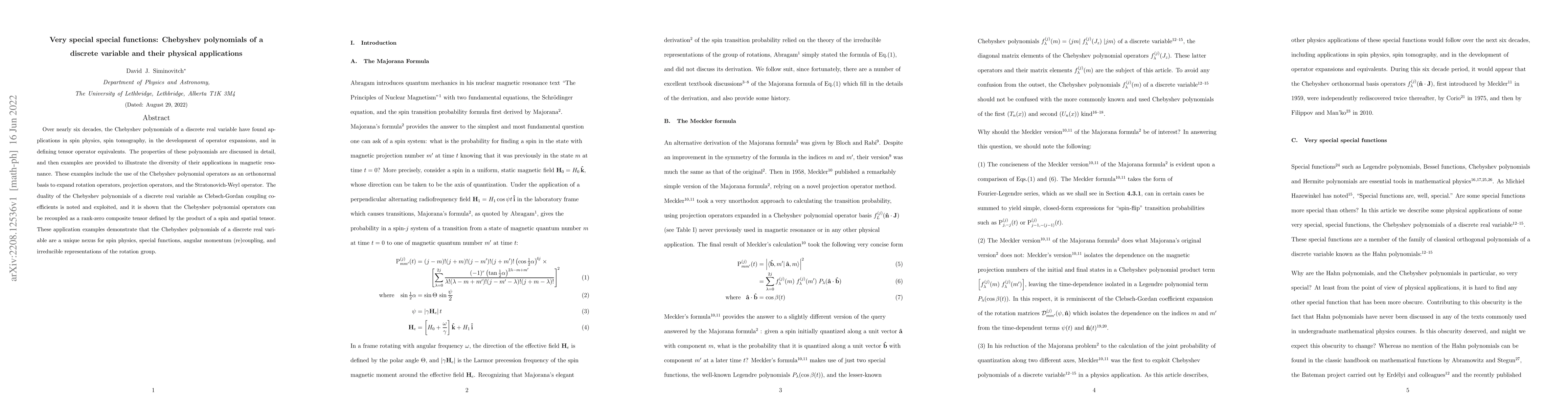 Thumbnail for Very special special functions: Chebyshev polynomials of a discrete
  variable and their physical applications