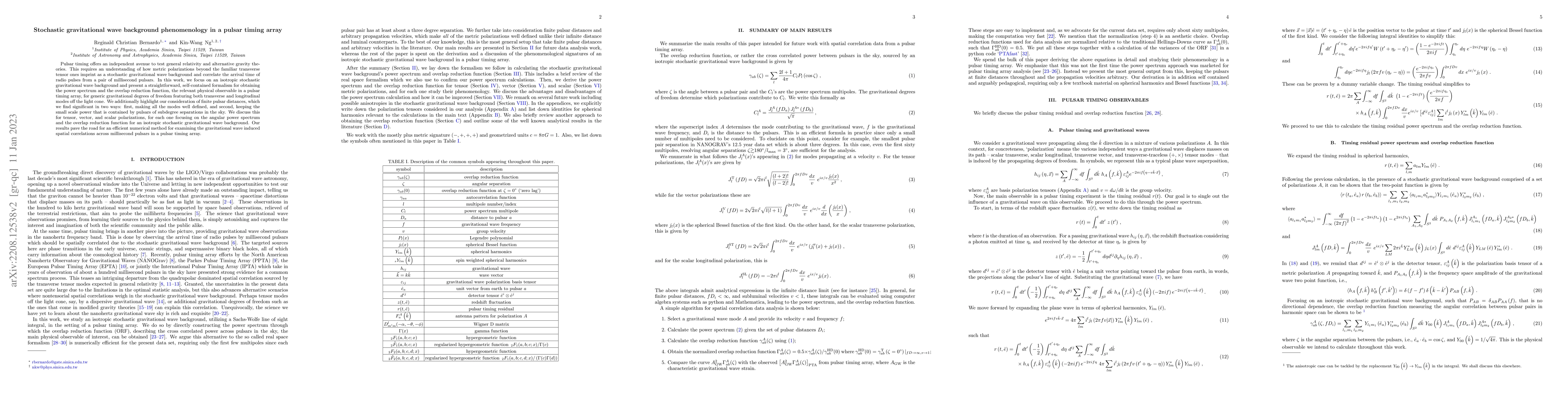 Thumbnail for Stochastic gravitational wave background phenomenology in a pulsar
  timing array