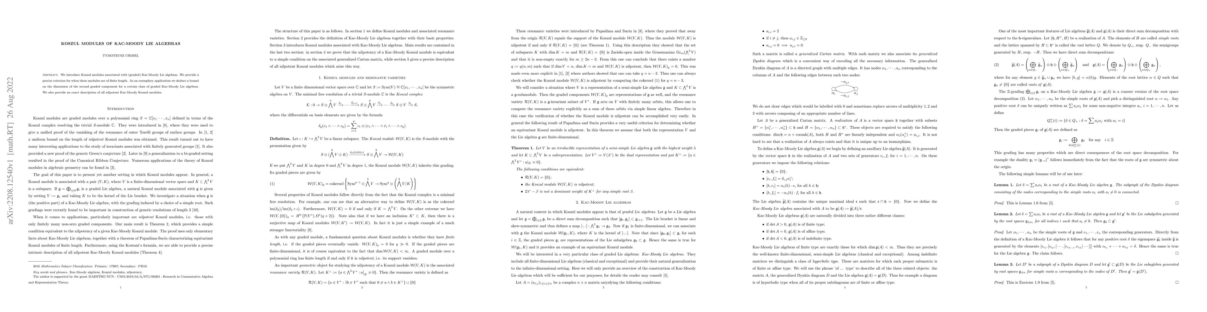 Thumbnail for Koszul modules of Kac-Moody Lie algebras