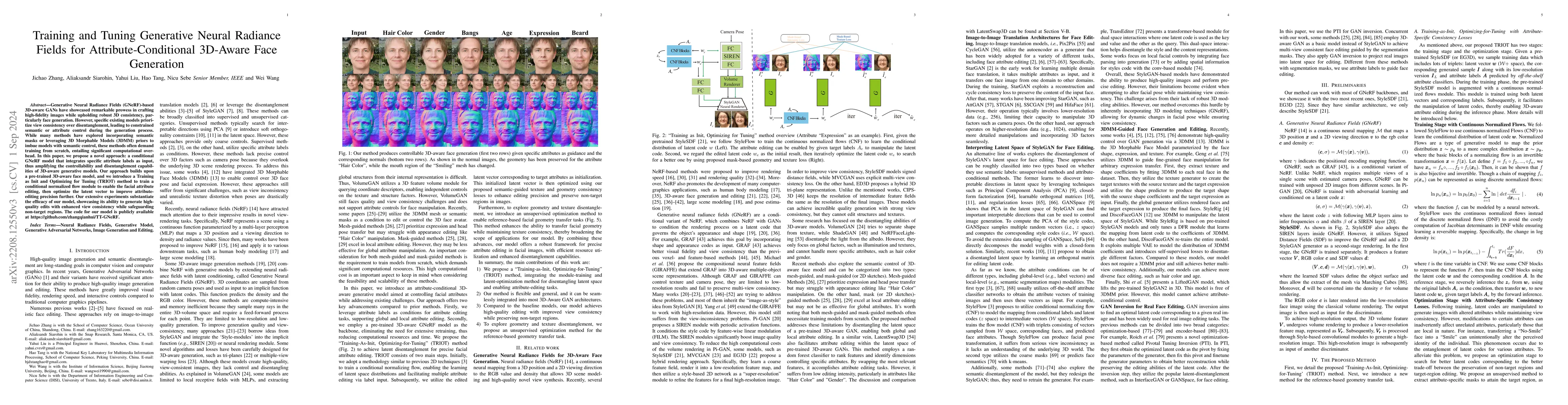 Thumbnail for Training and Tuning Generative Neural Radiance Fields for
  Attribute-Conditional 3D-Aware Face Generation