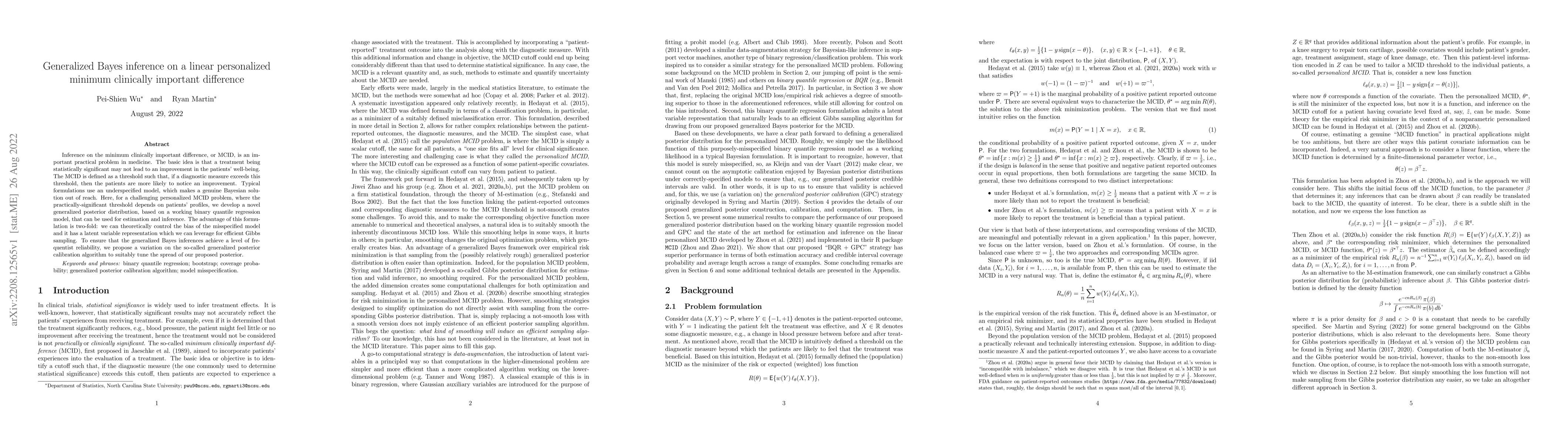 Thumbnail for Generalized Bayes inference on a linear personalized minimum clinically
  important difference