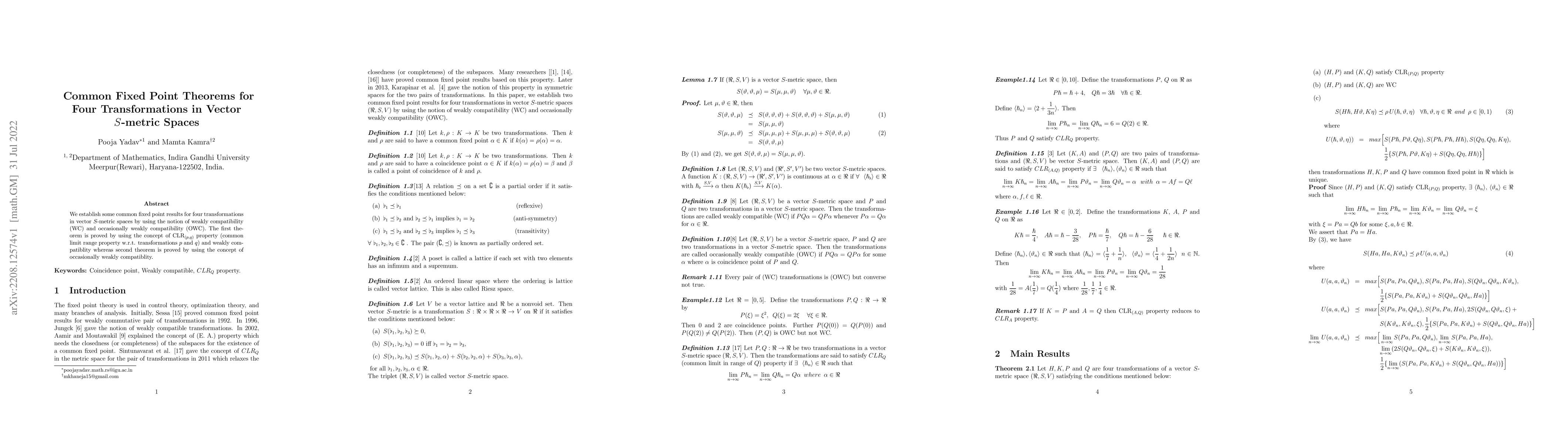Thumbnail for Common Fixed Point Theorems for Four Transformations in Vector S-metric
  Spaces