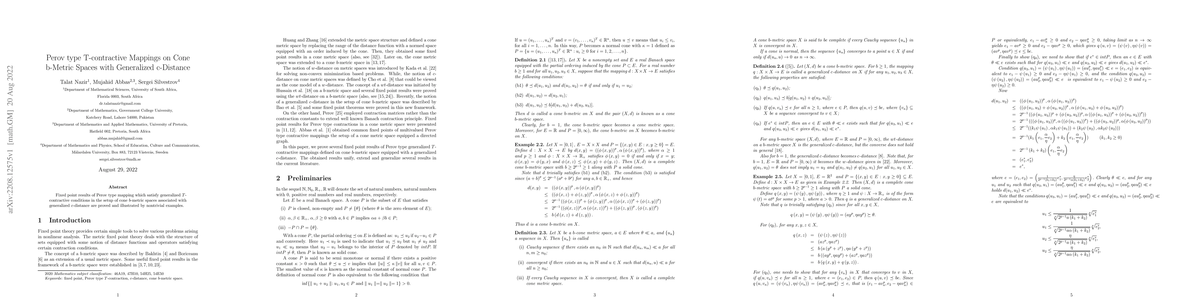 Thumbnail for Perov type T-contractive Mappings on Cone b-Metric Spaces with
  Generalized c-Distance