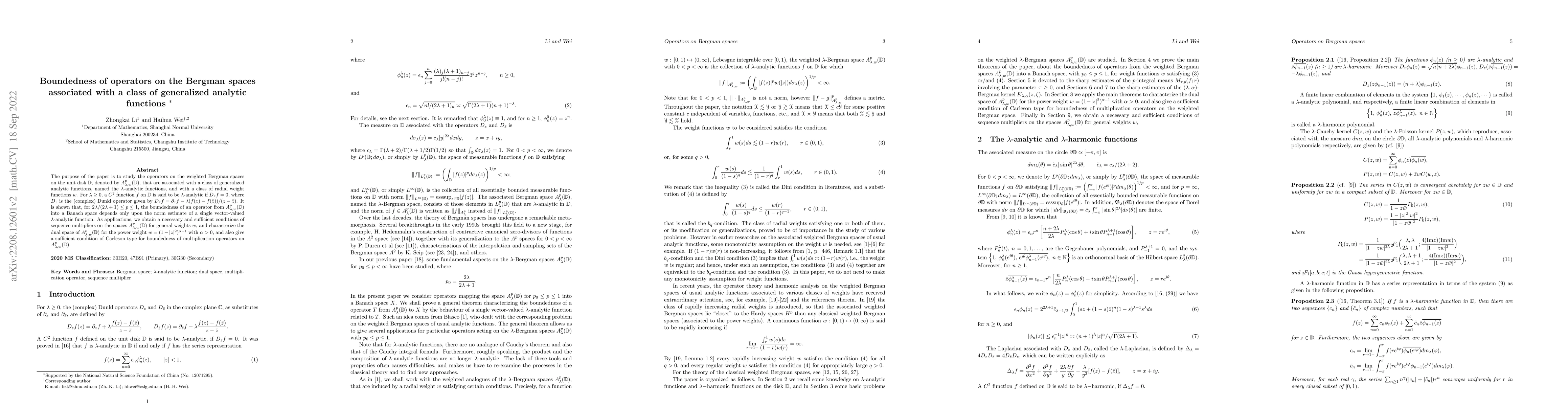 Thumbnail for Boundedness of operators on the Bergman spaces associated with a class
  of generalized analytic functions