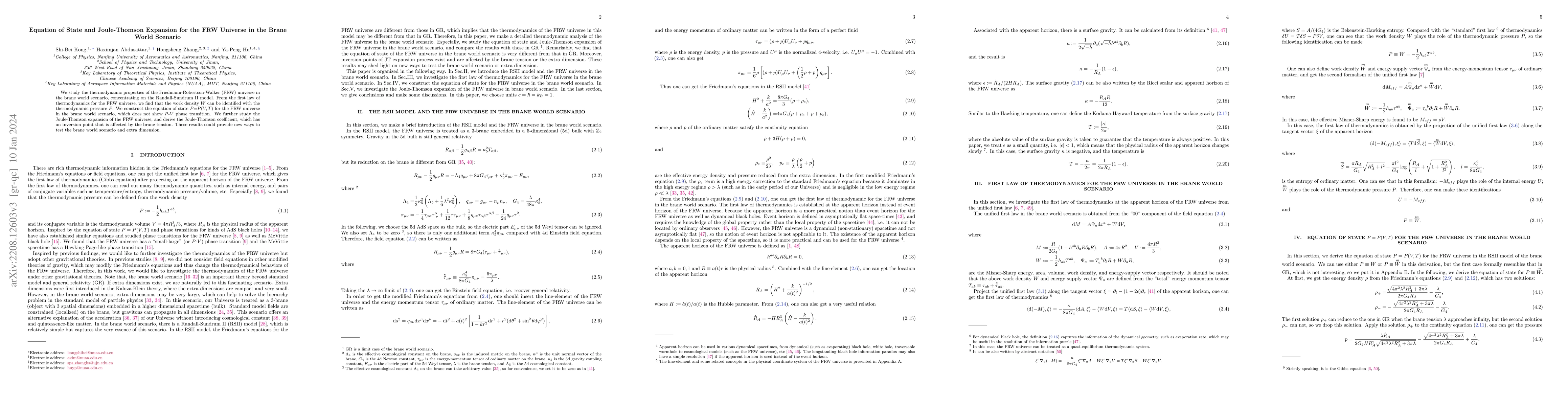 Thumbnail for Equation of State and Joule-Thomson Expansion for the FRW Universe in
  the Brane World Scenario