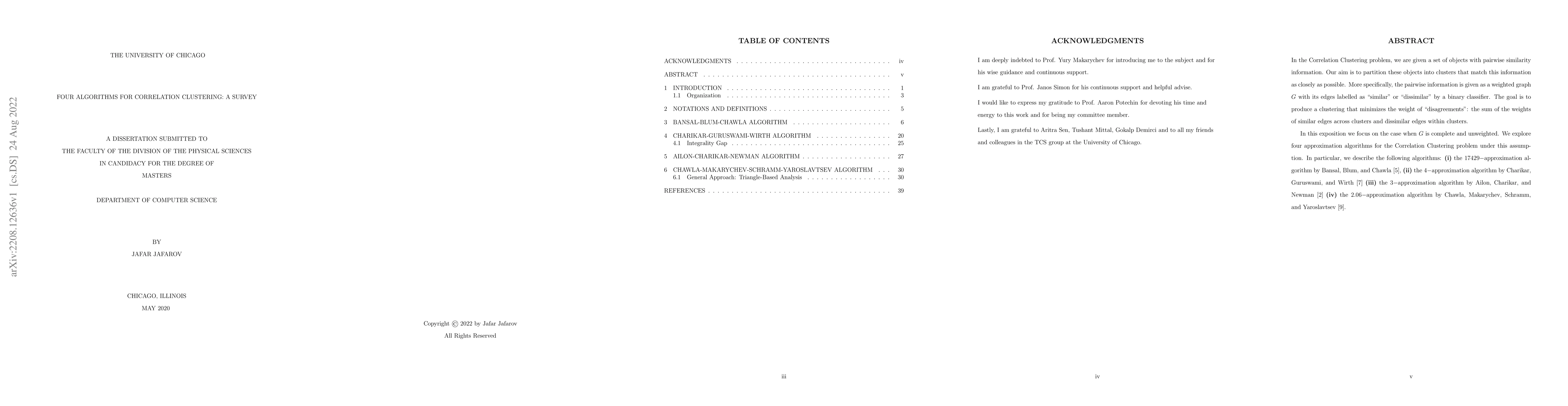 Thumbnail for Four Algorithms for Correlation Clustering: A Survey