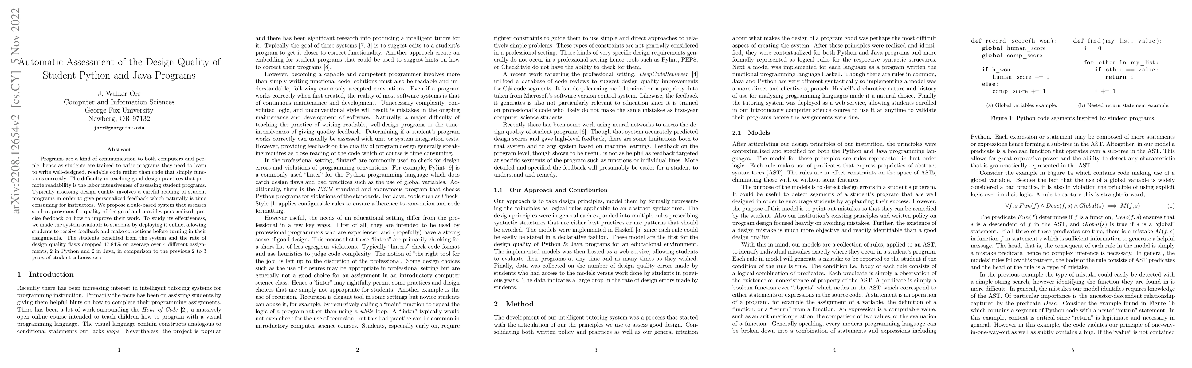 Thumbnail for Automatic Assessment of the Design Quality of Student Python and Java
  Programs