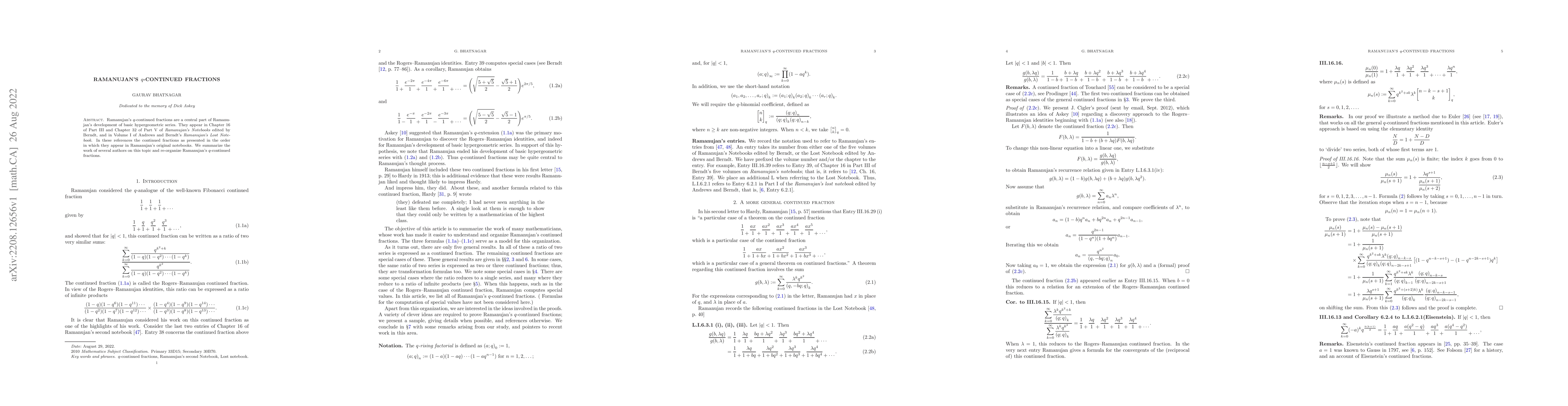 Thumbnail for Ramanujan's $q$-continued fractions