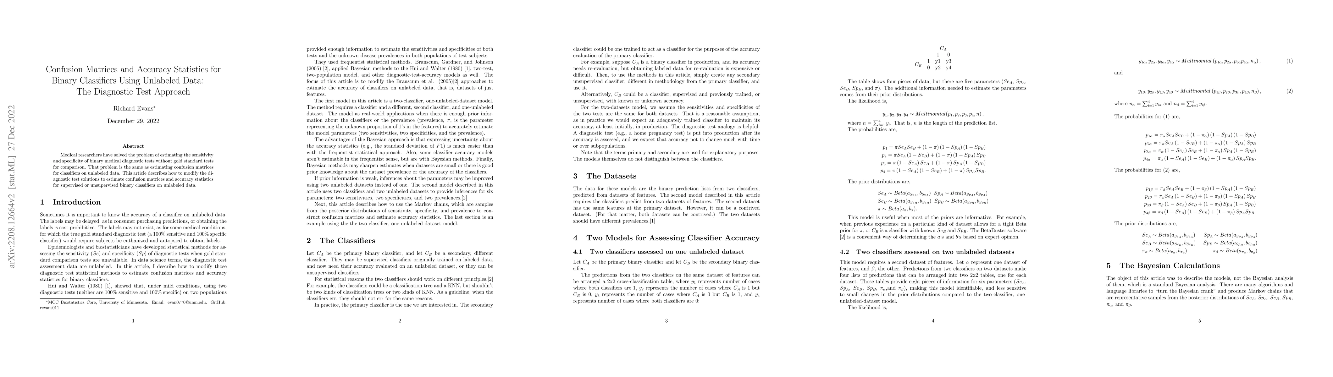 Thumbnail for Confusion Matrices and Accuracy Statistics for Binary Classifiers Using
  Unlabeled Data: The Diagnostic Test Approach
