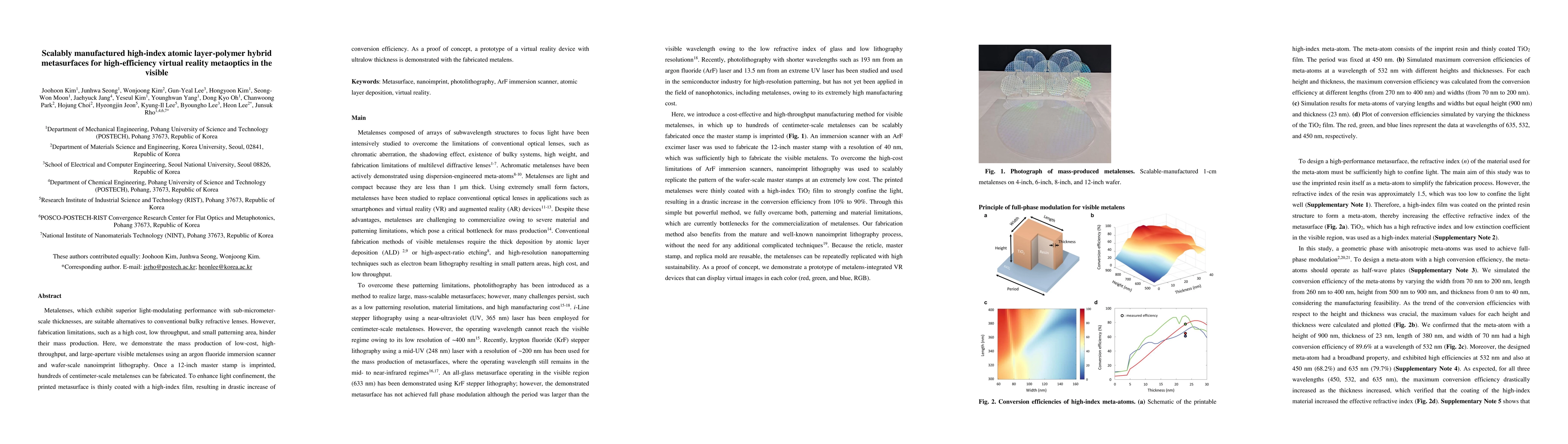 Thumbnail for Scalably manufactured high-index atomic layer-polymer hybrid
  metasurfaces for high-efficiency virtual reality metaoptics in the visible