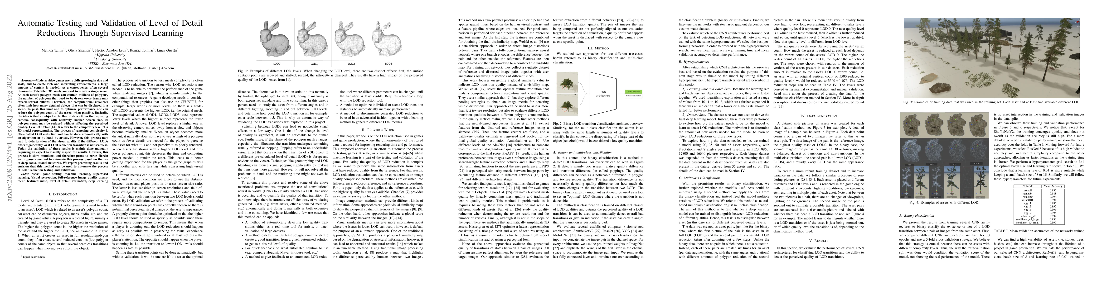 Thumbnail for Automatic Testing and Validation of Level of Detail Reductions Through
  Supervised Learning