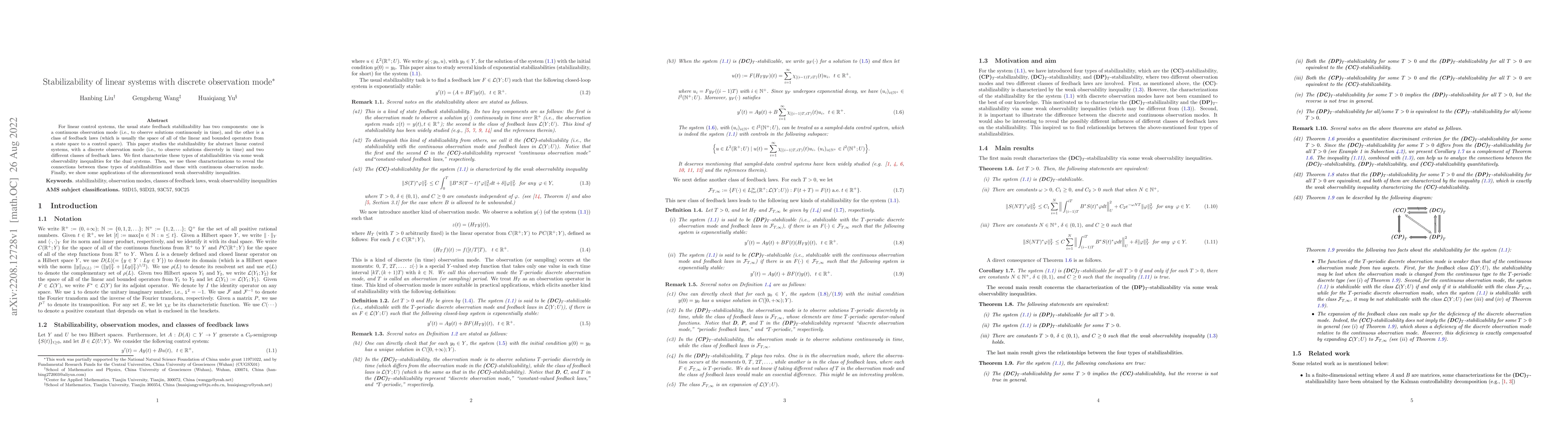 Thumbnail for Stabilizability of linear systems with discrete observation mode