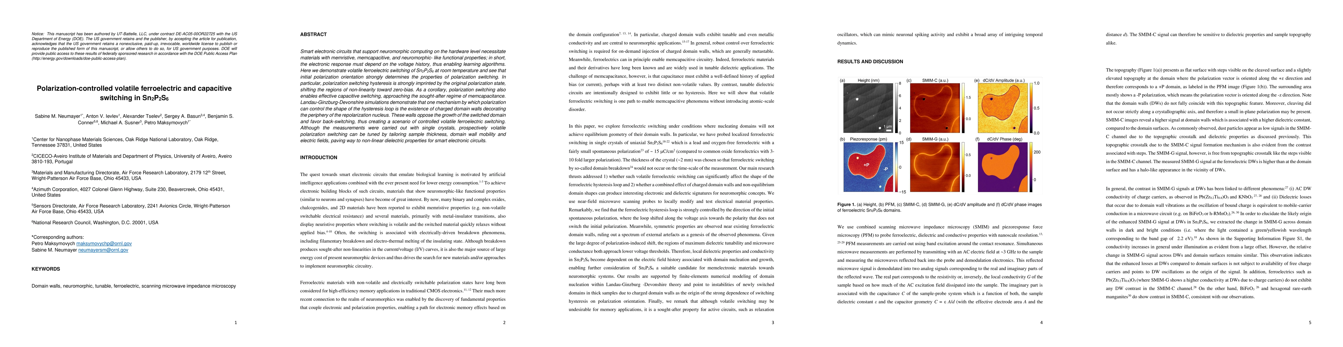 Thumbnail for Polarization-controlled volatile ferroelectric and capacitive switching
  in Sn$_2$P$_2$S$_6$