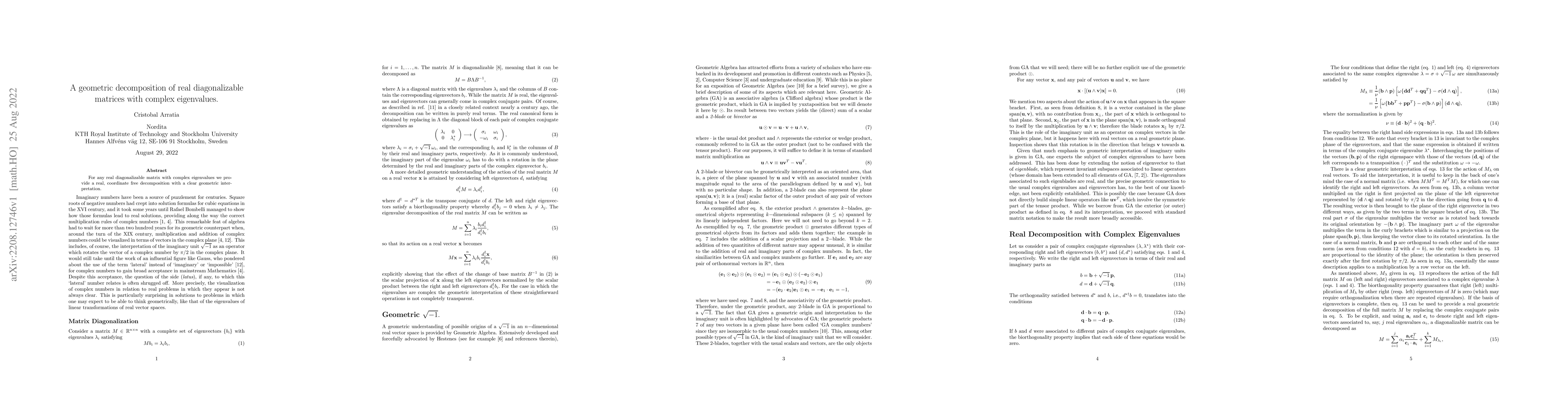 Thumbnail for A geometric decomposition of real diagonalizable matrices with complex
  eigenvalues