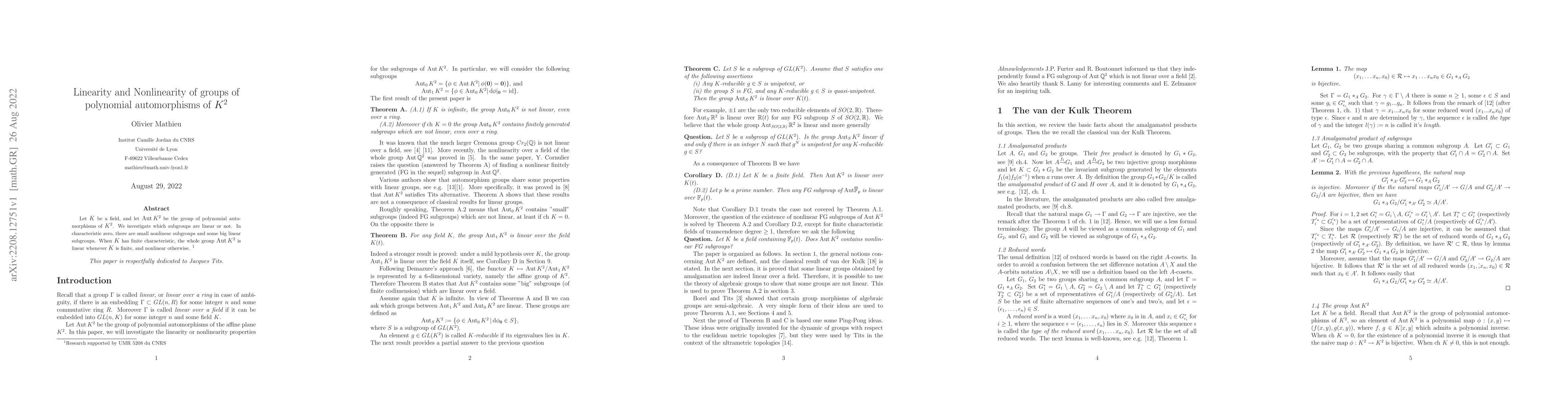 Thumbnail for Linearity and Non-linearity of Groups of Polynomial Automorphisms of
  $K^2$