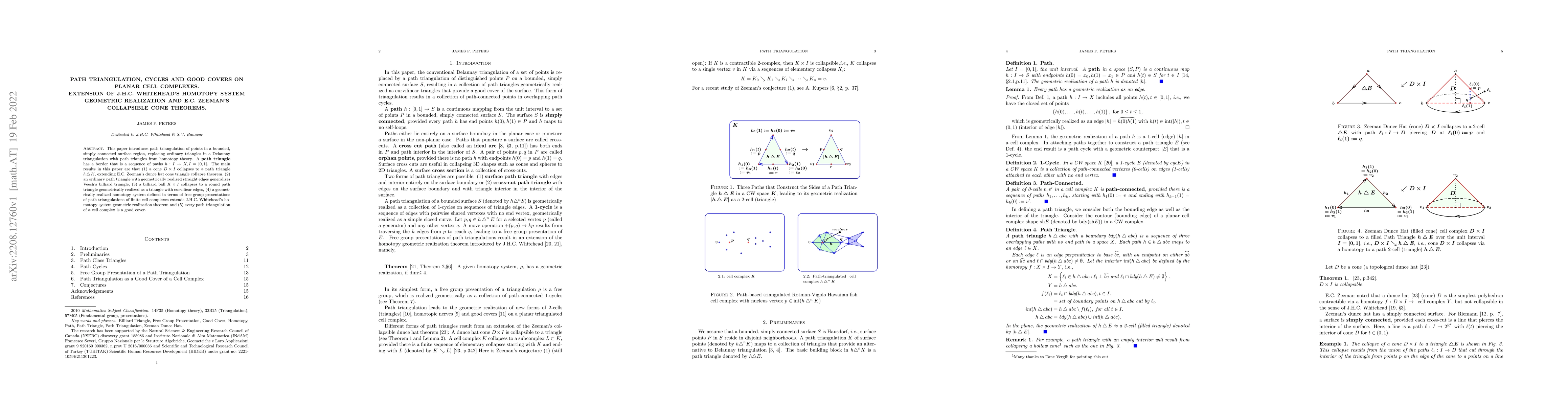 Thumbnail for Path Triangulation, Cycles and Good Covers on Planar Cell Complexes.
  Extension of J.H.C. Whitehead's Homotopy System Geometric Realization and
  E.C. Zeeman's Collapsible Cone Theorems
