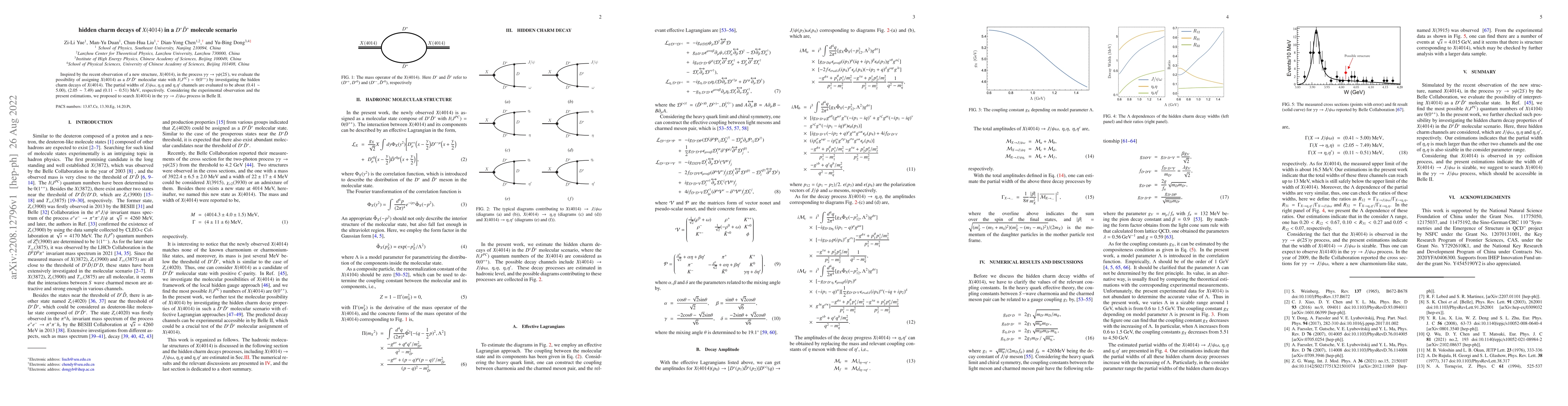 Thumbnail for hidden charm decays of $X(4014)$ in a $D^{*}\bar{D}^{*}$ molecule
  scenario