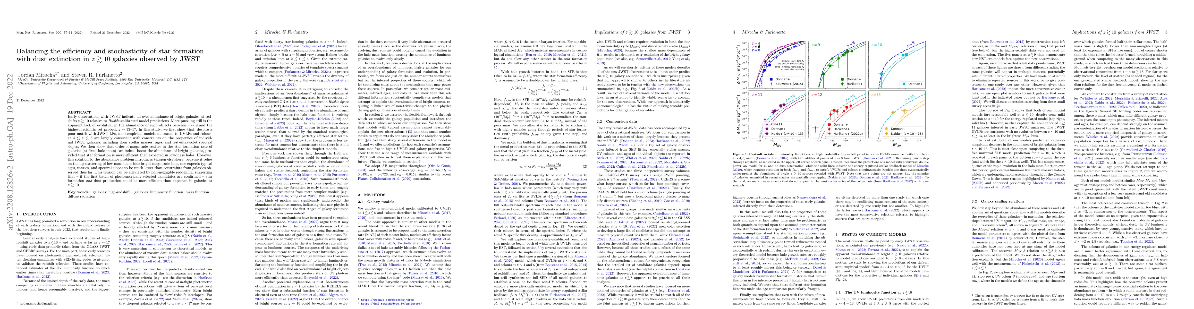 Thumbnail for Balancing the efficiency and stochasticity of star formation with dust
  extinction in z > 10 galaxies observed by JWST