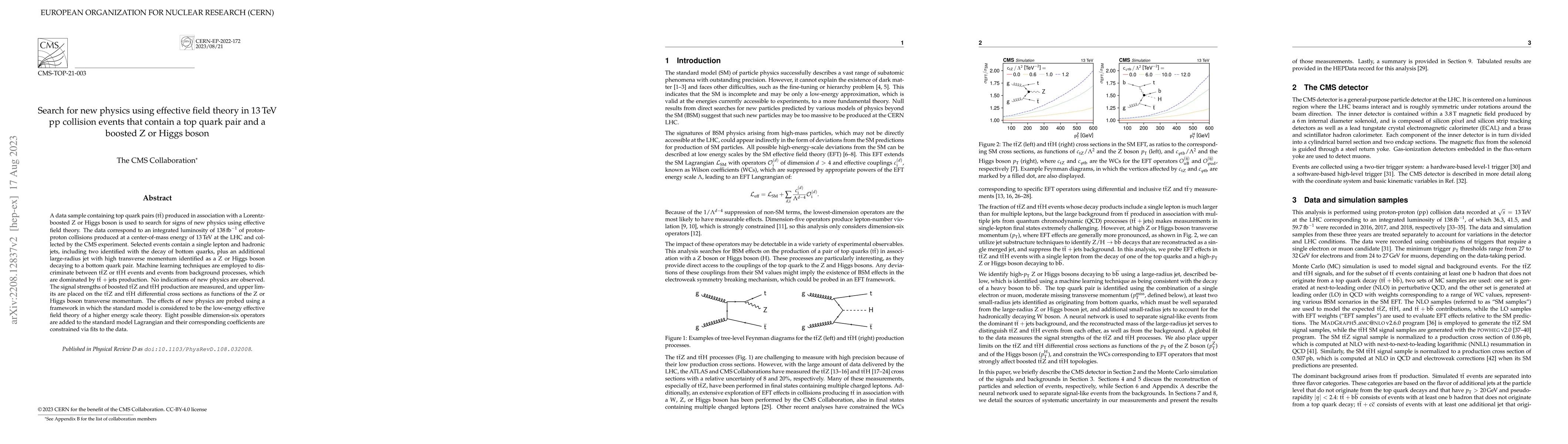 Thumbnail for Search for new physics using effective field theory in 13 TeV pp
  collision events that contain a top quark pair and a boosted Z or Higgs boson