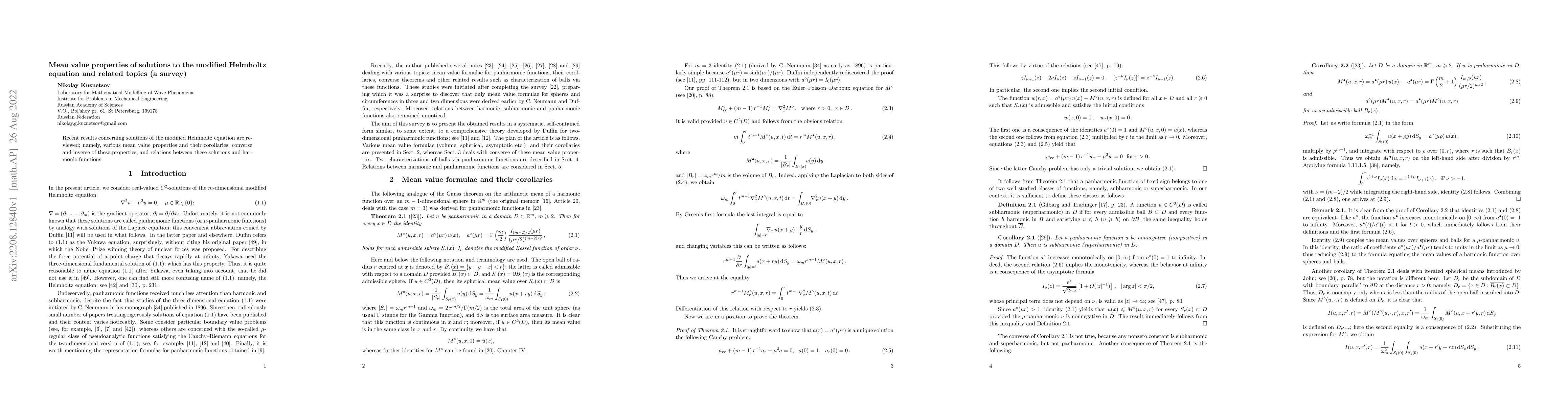Thumbnail for Mean value properties of solutions to the modified Helmholtz equation
  and related topics (a survey)