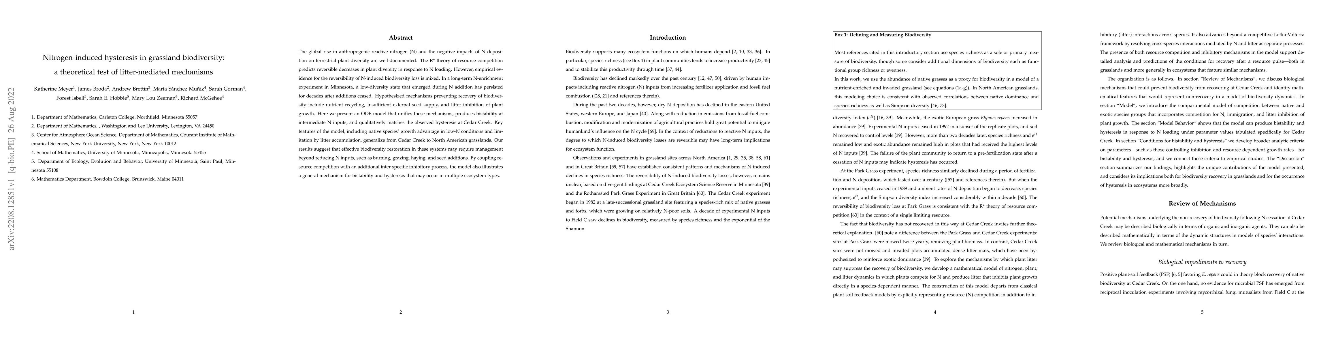 Thumbnail for Nitrogen-induced hysteresis in grassland biodiversity: a theoretical
  test of litter-mediated mechanisms