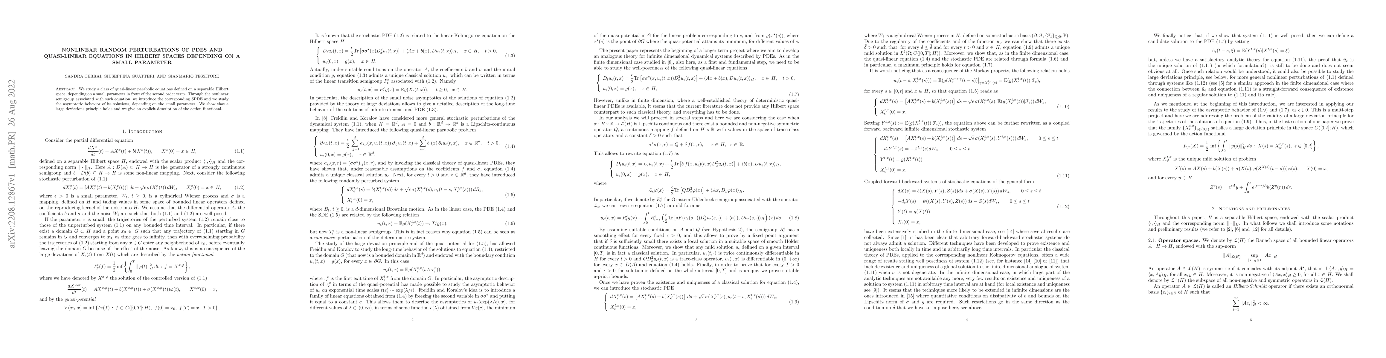 Thumbnail for Nonlinear random perturbations of PDEs and quasi-linear equations in
  Hilbert spaces depending on a small parameter