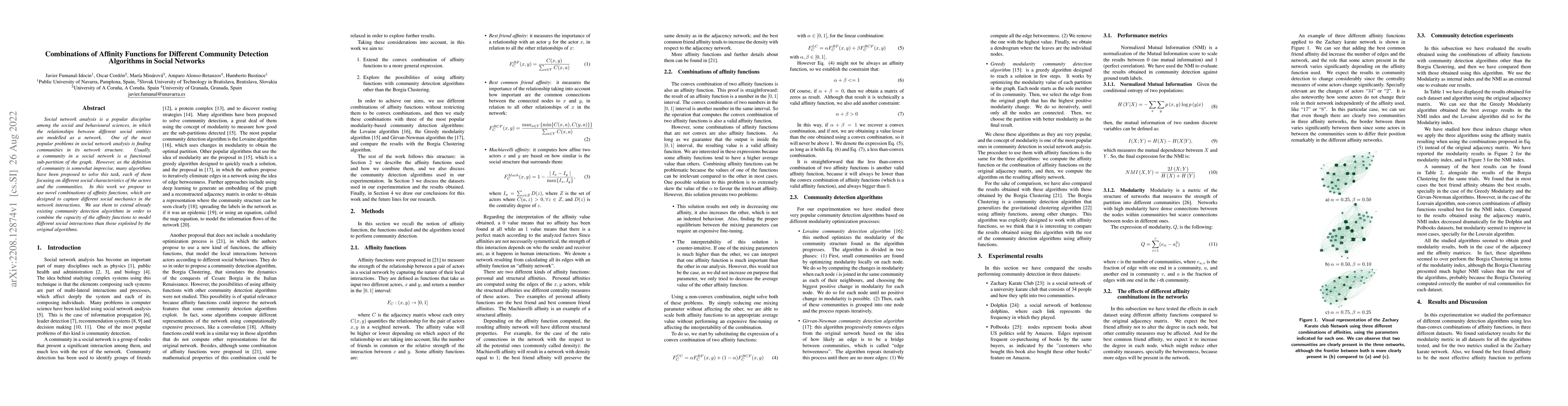 Thumbnail for Combinations of Affinity Functions for Different Community Detection
  Algorithms in Social Networks