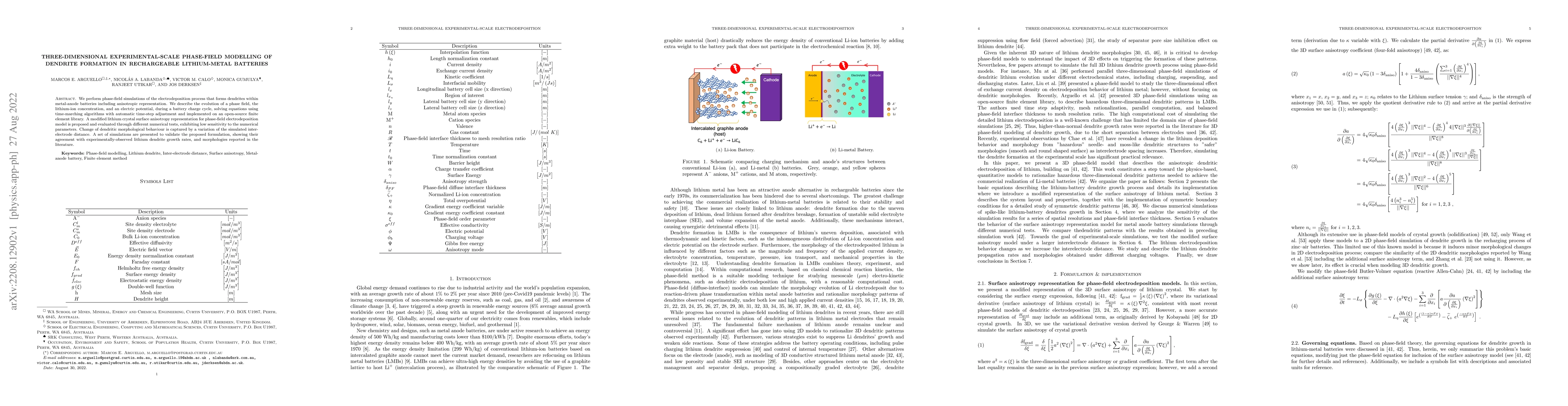 Thumbnail for Three-dimensional experimental-scale phase-field modelling of dendrite
  formation in rechargeable lithium-metal batteries