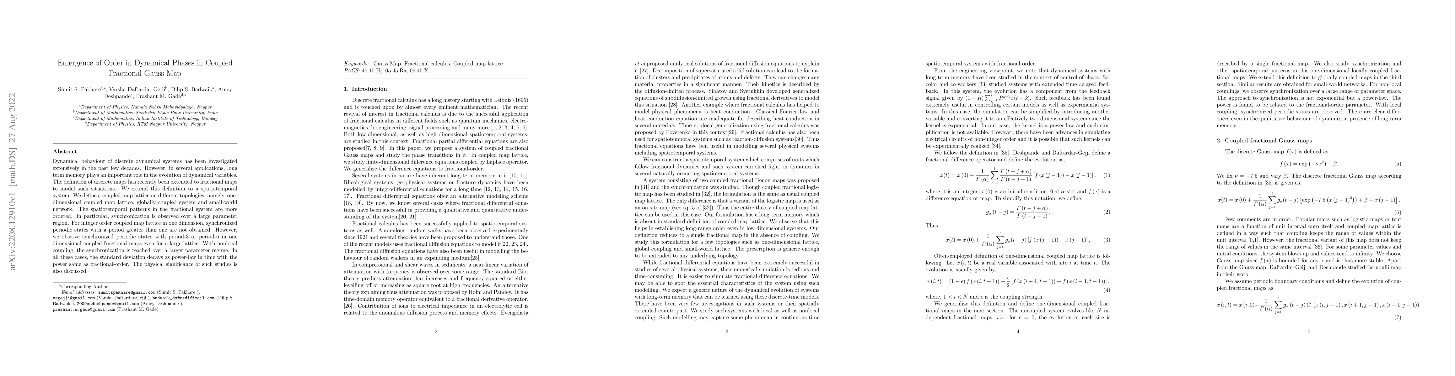 Thumbnail for Emergence of Order in Dynamical Phases in Coupled Fractional Gauss Map