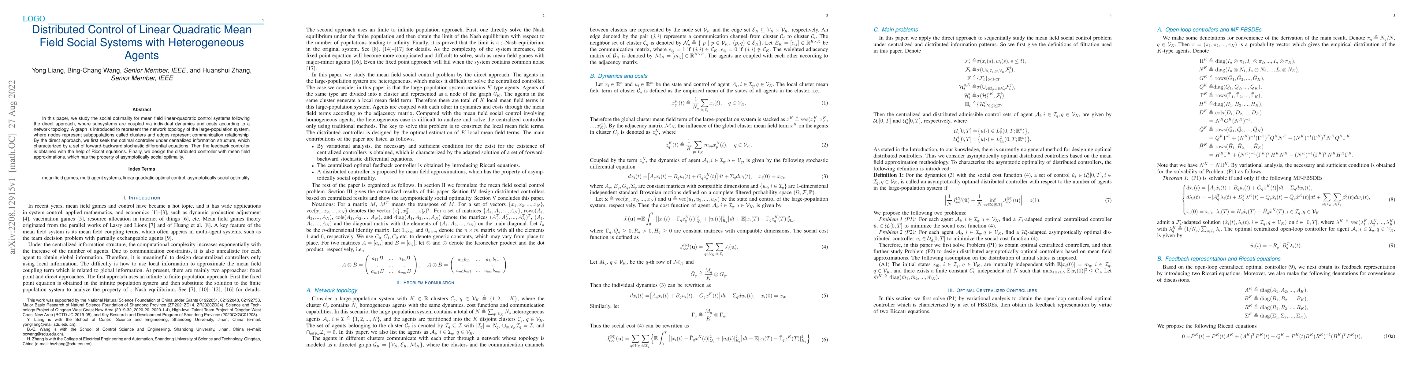 Thumbnail for Distributed Control of Linear Quadratic Mean Field Social Systems with
  Heterogeneous Agents