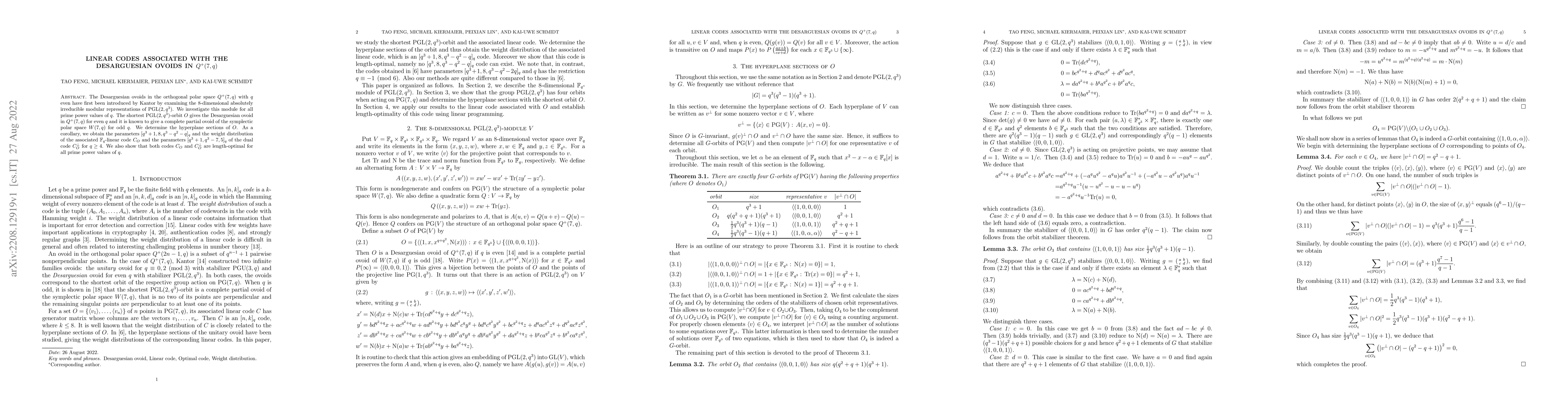 Thumbnail for Linear codes associated with the Desarguesian ovoids in $Q^+(7,q)$