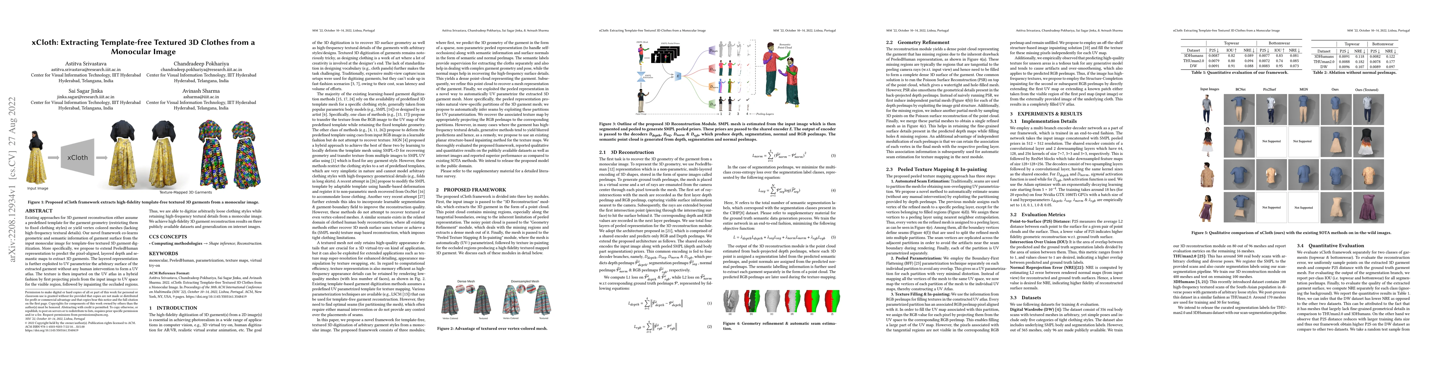 Thumbnail for xCloth: Extracting Template-free Textured 3D Clothes from a Monocular
  Image