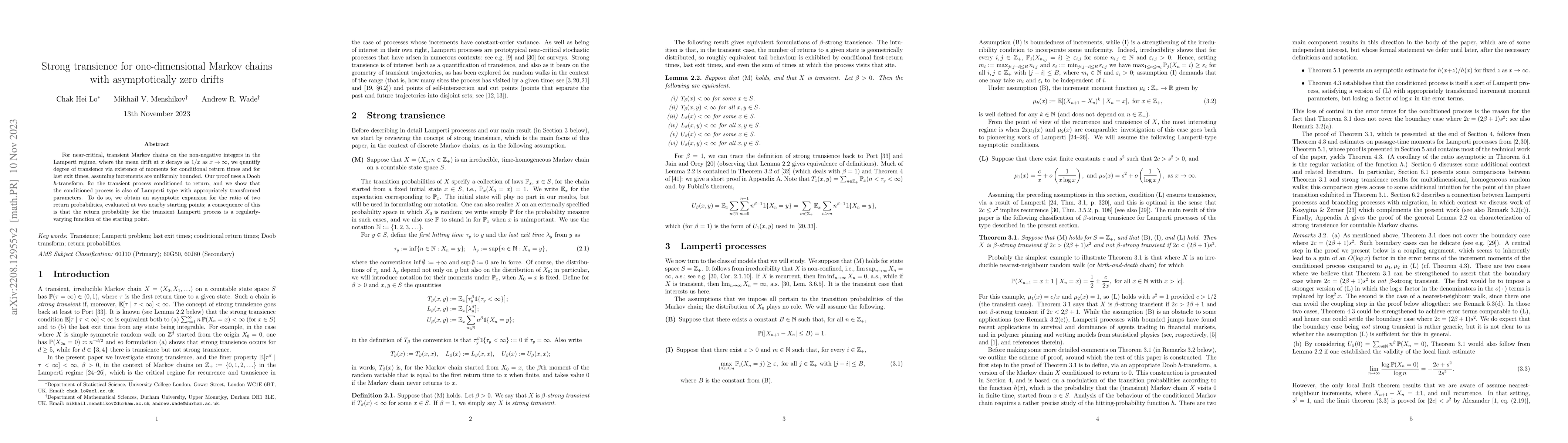 Thumbnail for Strong transience for one-dimensional Markov chains with asymptotically
  zero drifts