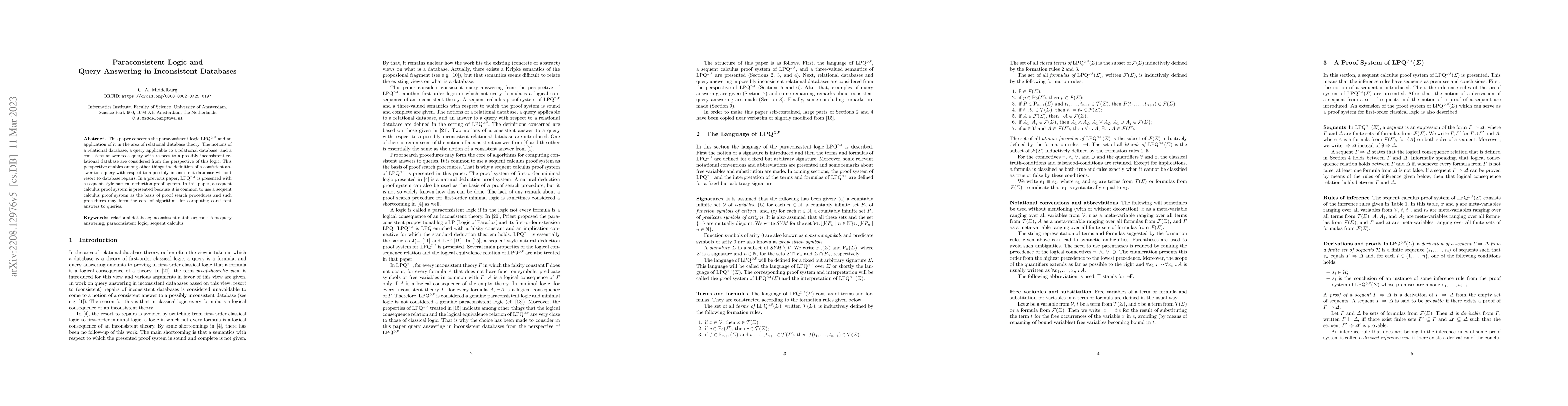 Thumbnail for Paraconsistent logic and query answering in inconsistent databases