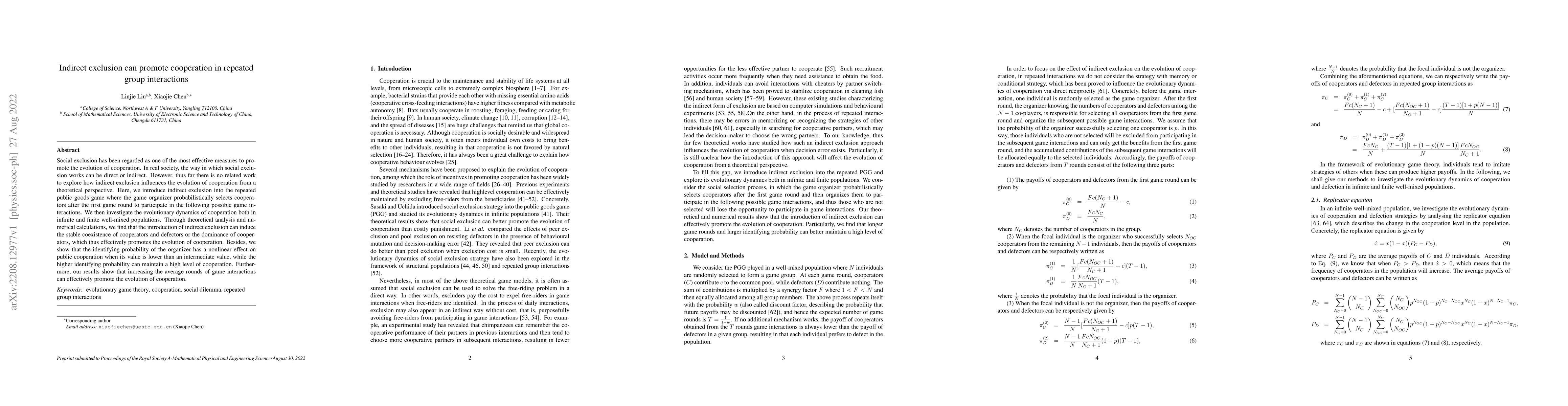 Thumbnail for Indirect exclusion can promote cooperation in repeated group
  interactions