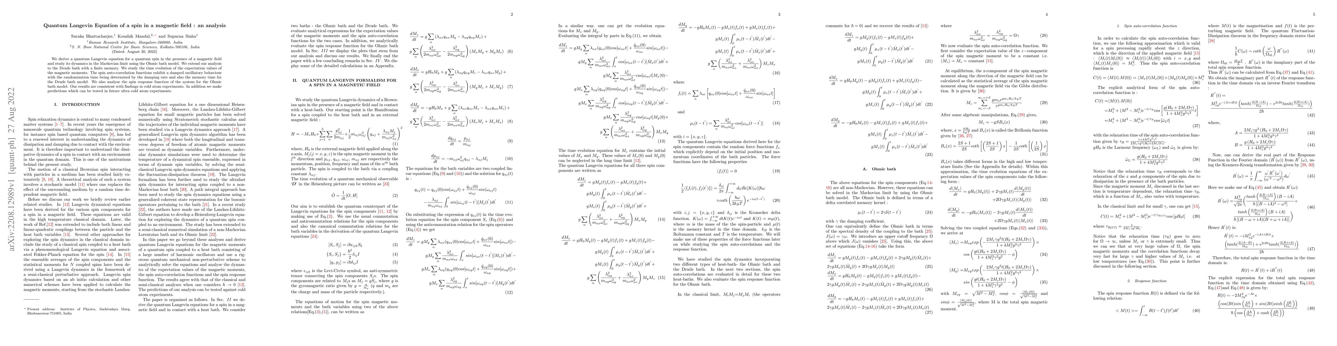 Thumbnail for Quantum Langevin Equation of a spin in a magnetic field : an analysis