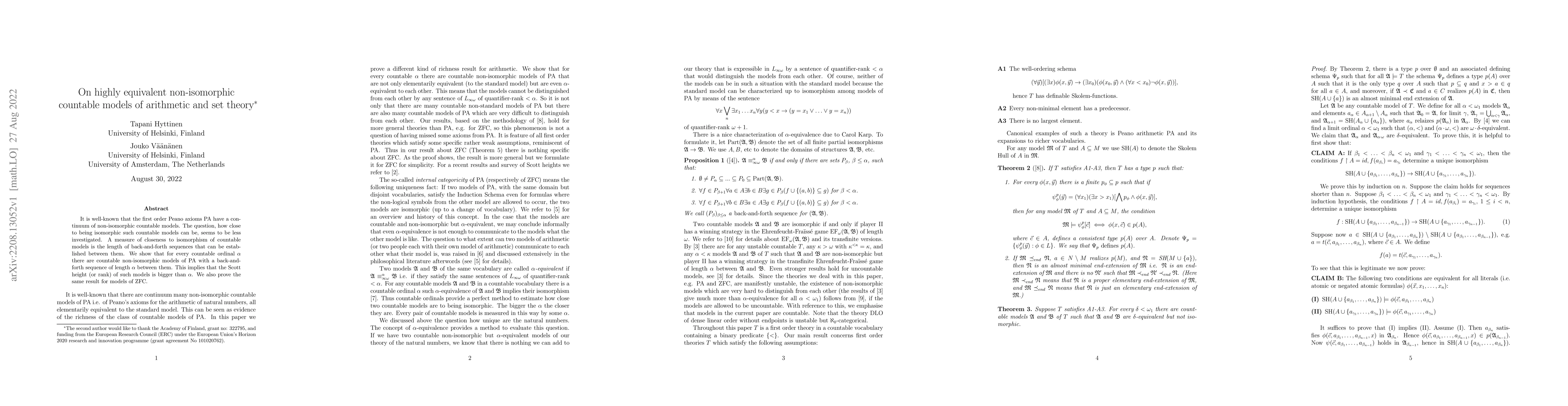 Thumbnail for On highly equivalent non-isomorphic countable models of arithmetic and
  set theory