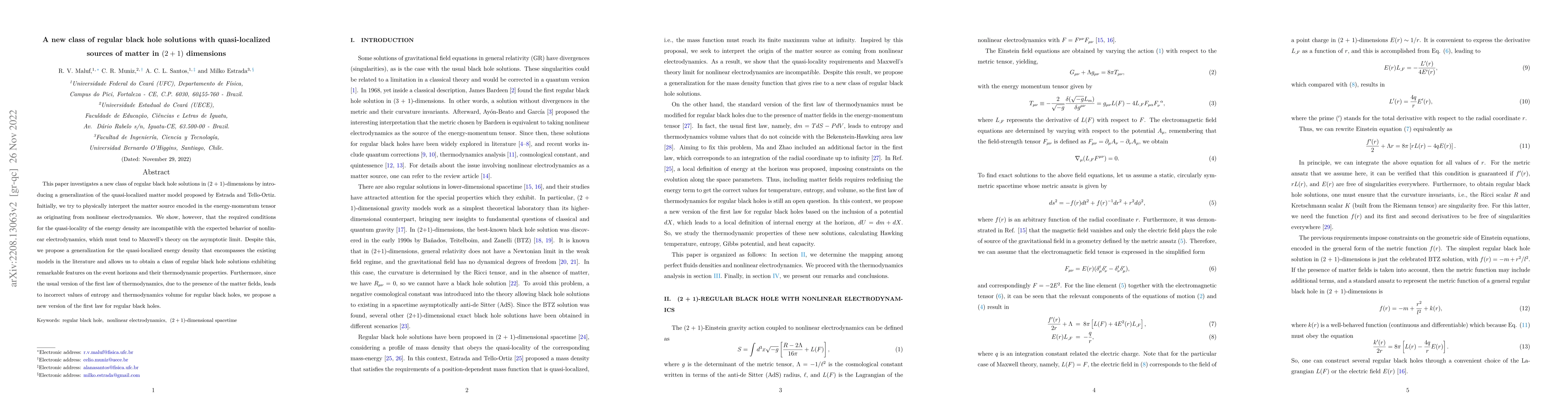 Thumbnail for A new class of regular black hole solutions with quasi-localized sources
  of matter in $(2 + 1)$ dimensions