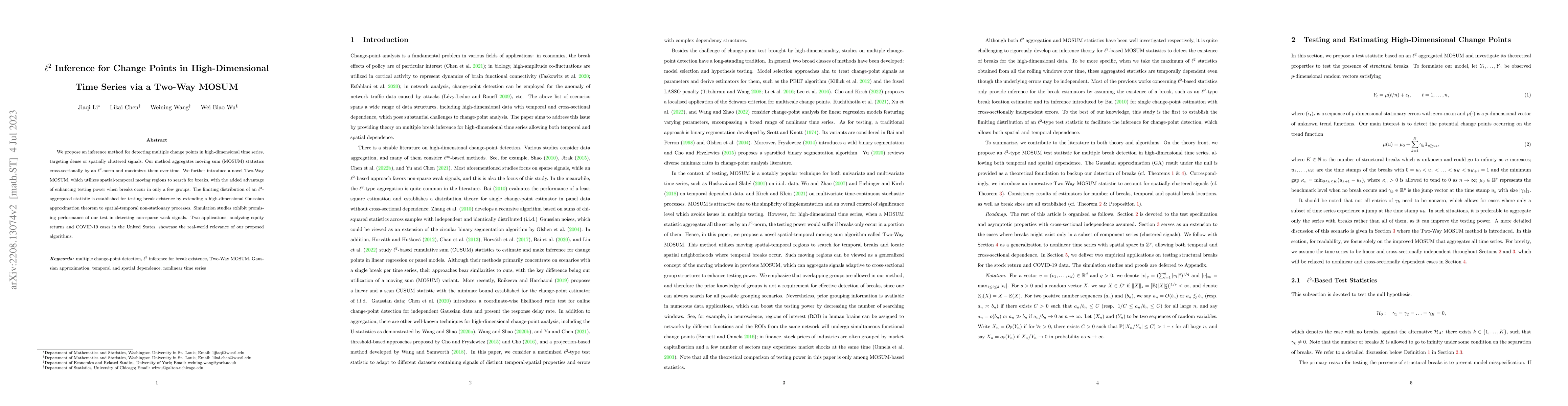 Thumbnail for $\ell^2$ Inference for Change Points in High-Dimensional Time Series via
  a Two-Way MOSUM