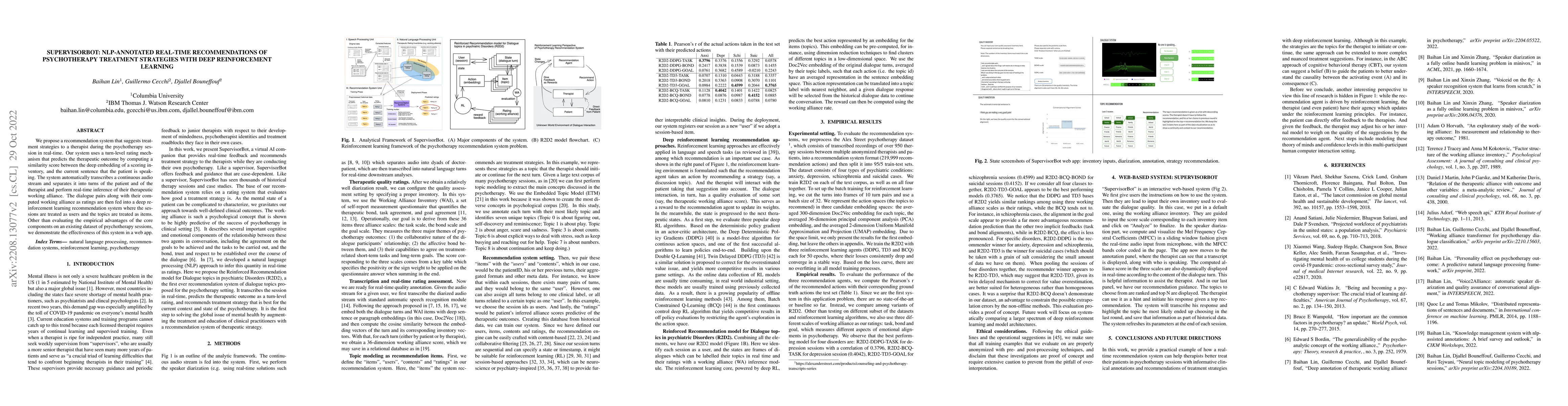 Thumbnail for SupervisorBot: NLP-Annotated Real-Time Recommendations of Psychotherapy
  Treatment Strategies with Deep Reinforcement Learning