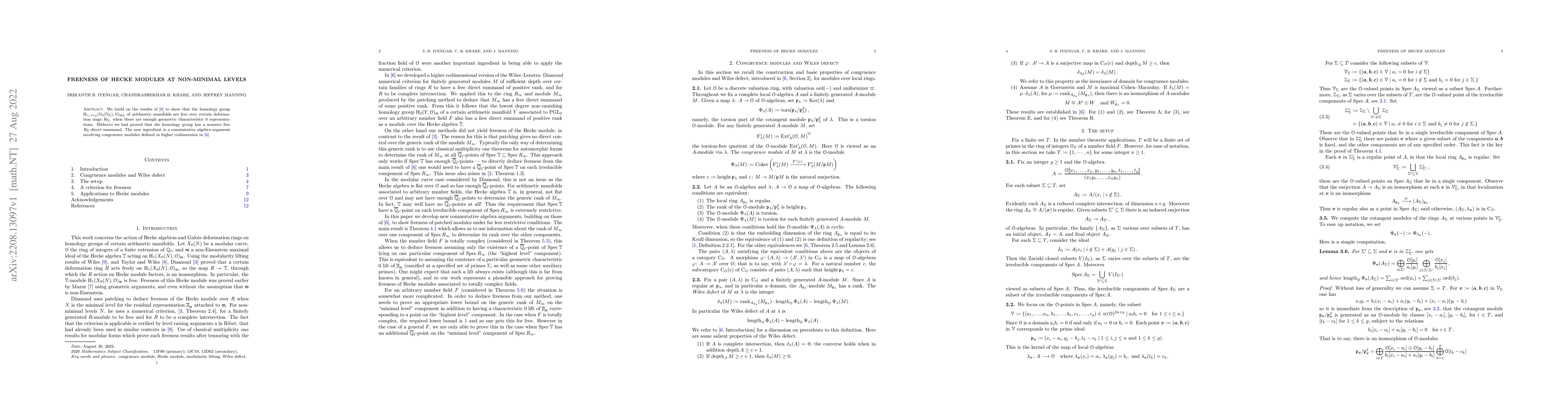 Thumbnail for Freeness of Hecke modules at non-minimal levels
