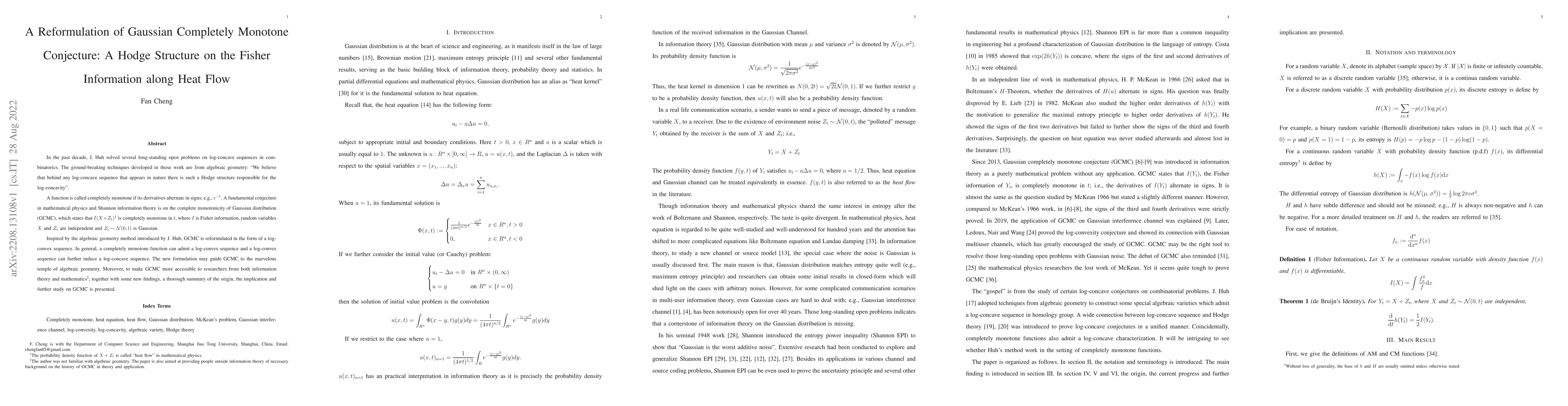 Thumbnail for A Reformulation of Gaussian Completely Monotone Conjecture: A Hodge
  Structure on the Fisher Information along Heat Flow