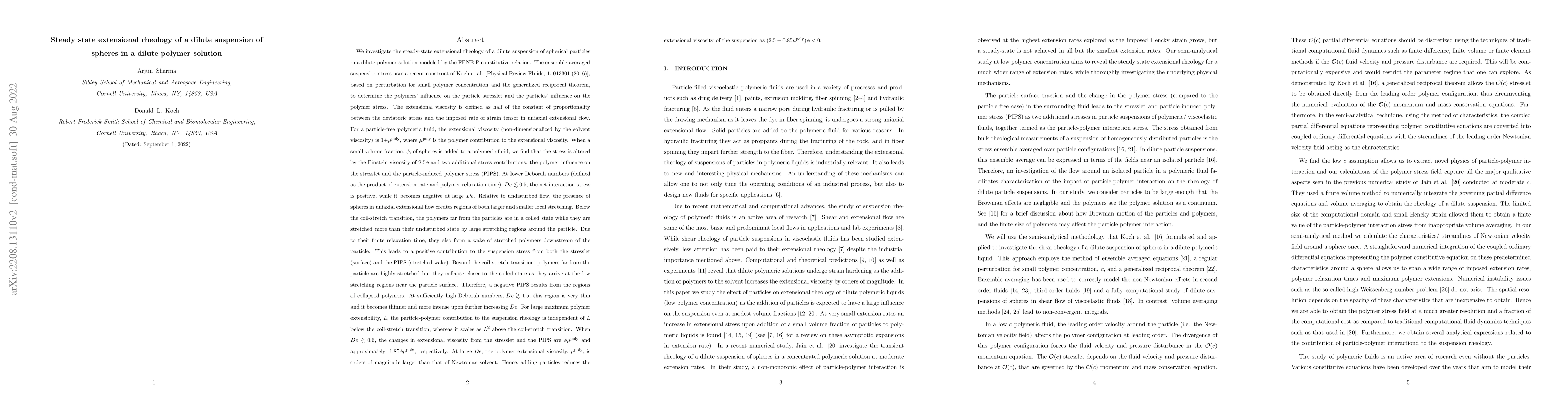 Thumbnail for Steady state extensional rheology of a dilute suspension of spheres in a
  dilute polymer solution