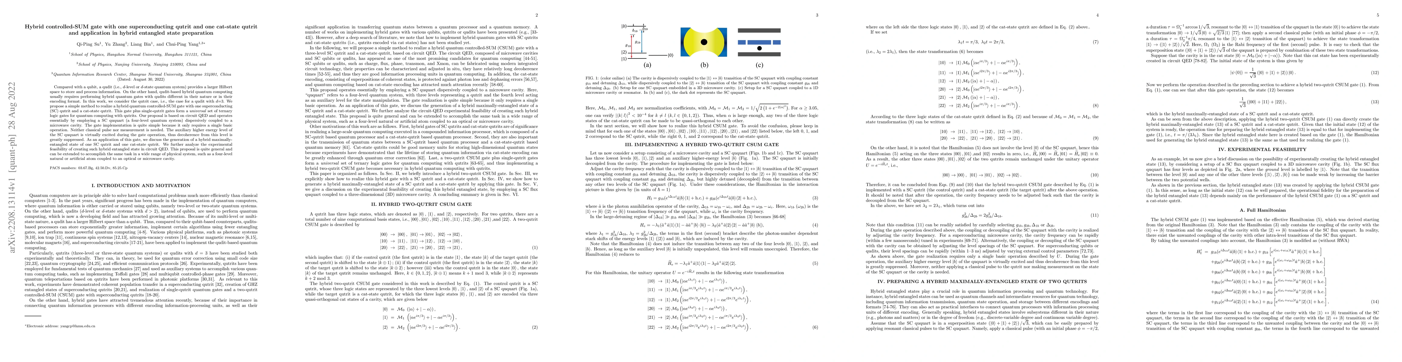 Thumbnail for Hybrid controlled-SUM gate with one superconducting qutrit and one
  cat-state qutrit and application in hybrid entangled state preparation